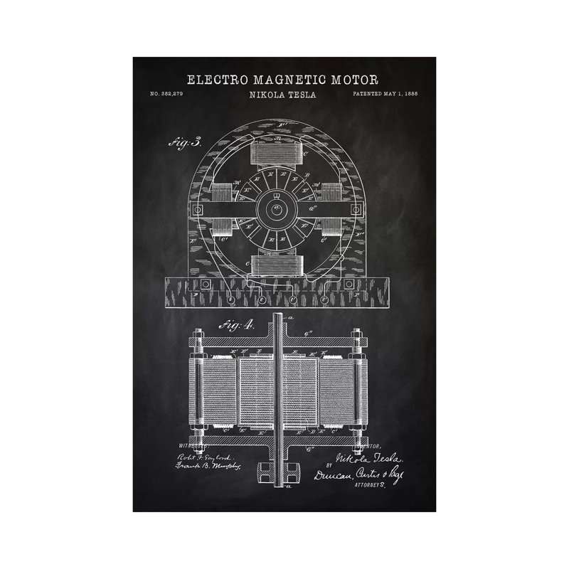 Tesla Electro Magnetic Motor, Black by PatentPrintStore - Wrapped Canvas Print, 66.04 cm H x 45.72 cm W x 1.91 cm D