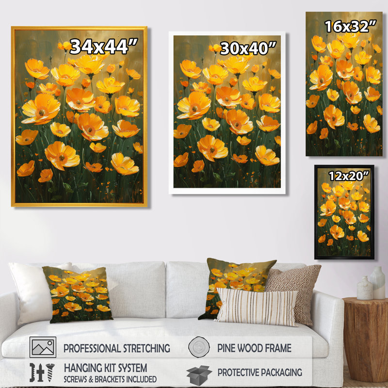 Reproduction d'art mural jaune et vert Sunlit Meadow VII - Bouton d'or, Toile encadrée noire simple