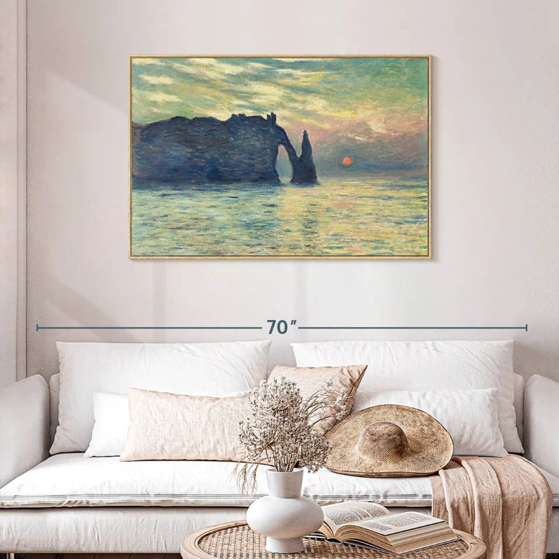 Coucher de soleil sur la falaise d'Etretat, Cadre flottant en bois naturel, 43 po x 29 po