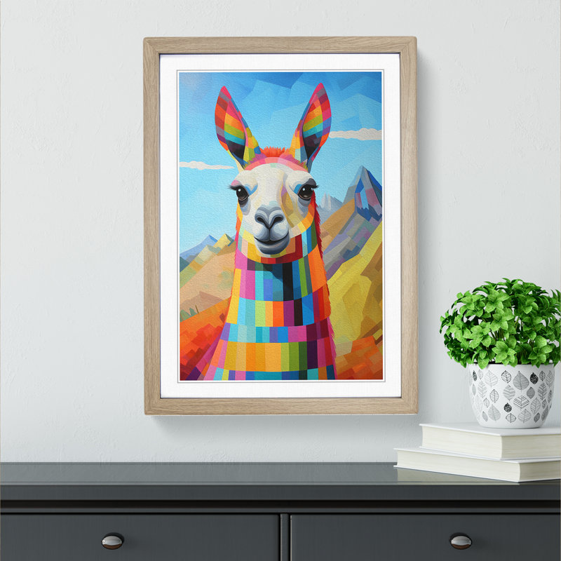 Llama Constructivism - Single Picture Frame Print on Wood, Oak Framed, 46cm H x 34cm W x 2cm D