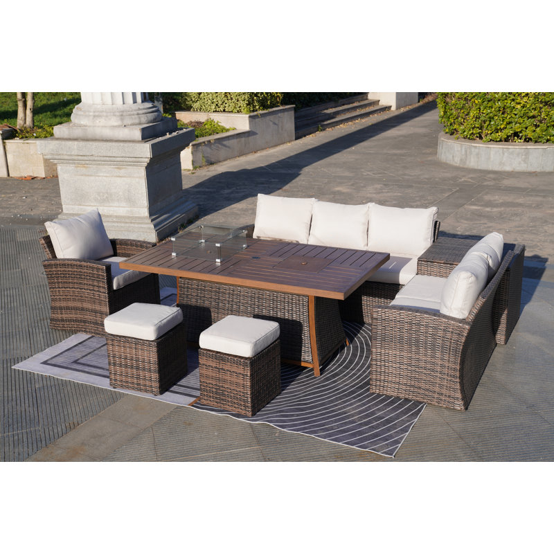 Moda 70 In. X 39 In. X 27 In. Rectangular Wicker Outdoor Gas Fire Pits Dining Set1, Brown