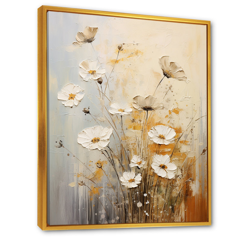 Beige Wildflowers Breeze I sur toile, Cadre flottant doré, 32" H x 24" W
