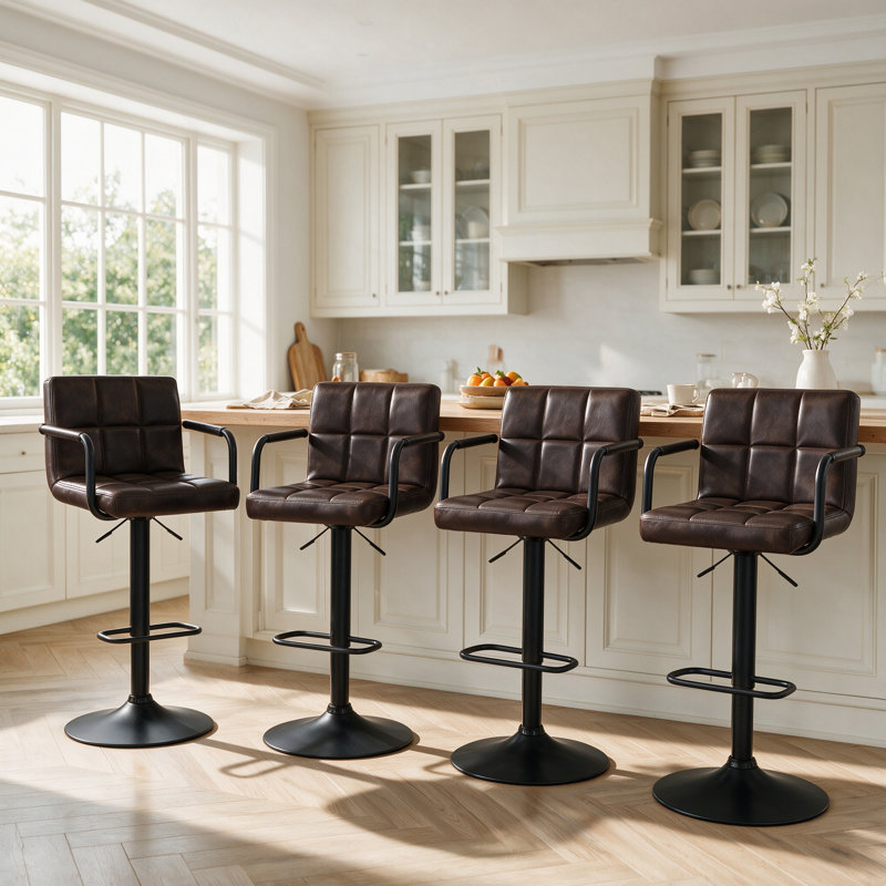 Tabouret de bar rembourré et réglable en hauteur brun clair 4 pièces avec structure en métal, Brun-noir