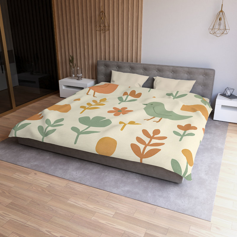 Microfiber Duvet Cover Boho Style, Design 26, King Duvet Cover, Orange/Yellow/Green/Cream