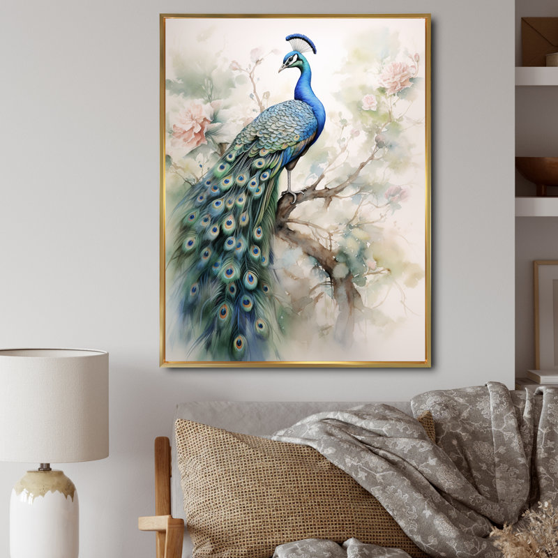 Baldassarre bleu encre délavée paon II - paon grand art mural, H 20 po x l 12 po, Cadre flottant doré