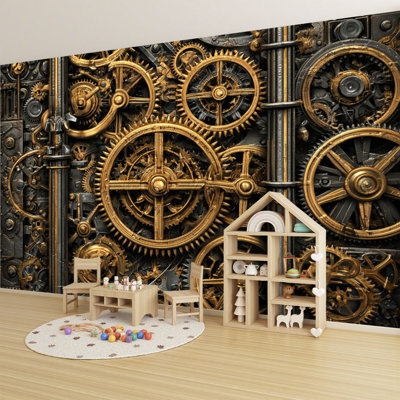 Peel and Stick Wallpaper 96" L x 69" W Modern Self Adhesive Wall Mural for Bedroom - With Intricate Steampunk Gears Mechanical Clockwork Gold Black Print