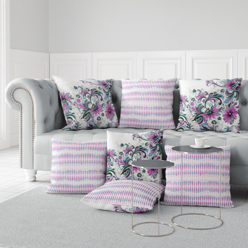 Green and Lavender Floral Faux Suede Square Throw Pillow