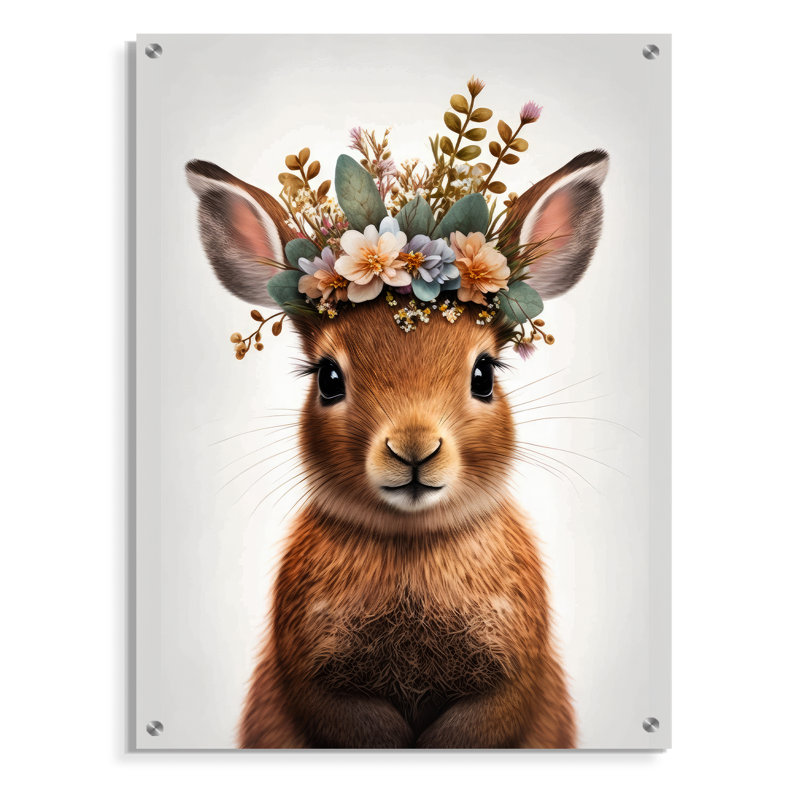 Mignon bébé lapin avec couronne florale I - Art mural acrylique lapin, H 32 po x l 16 po