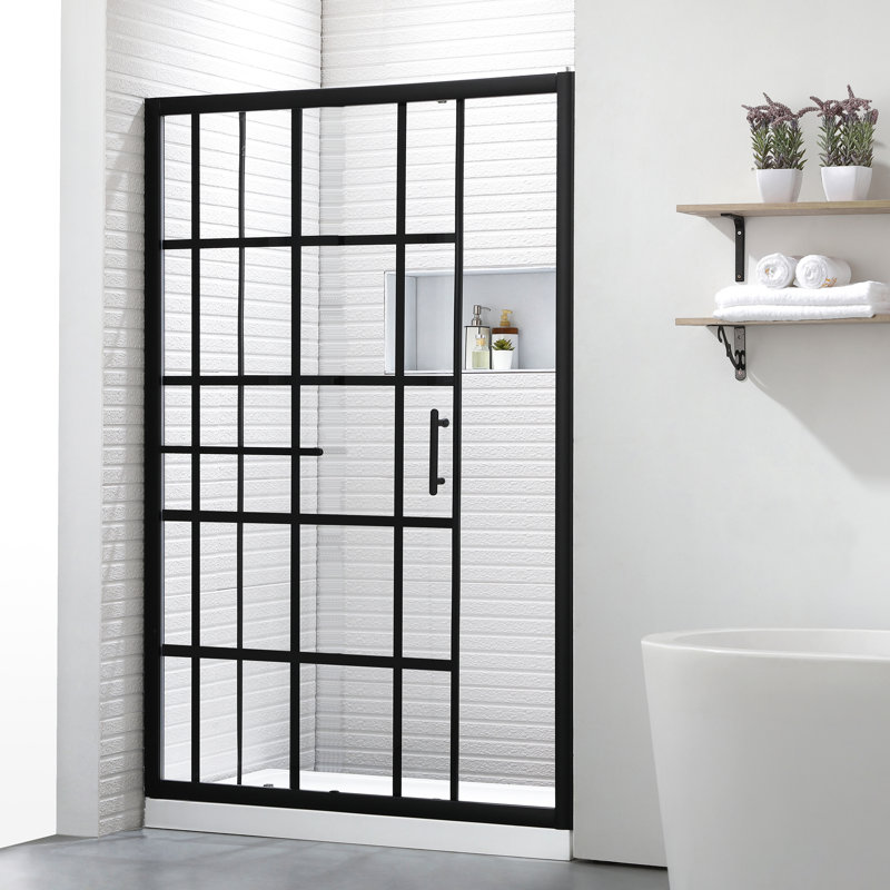 Porte de douche coulissante simple encadrée en aluminium noir l 48 po x H 72 po avec verre trempé et revêtement de protection Cyrus