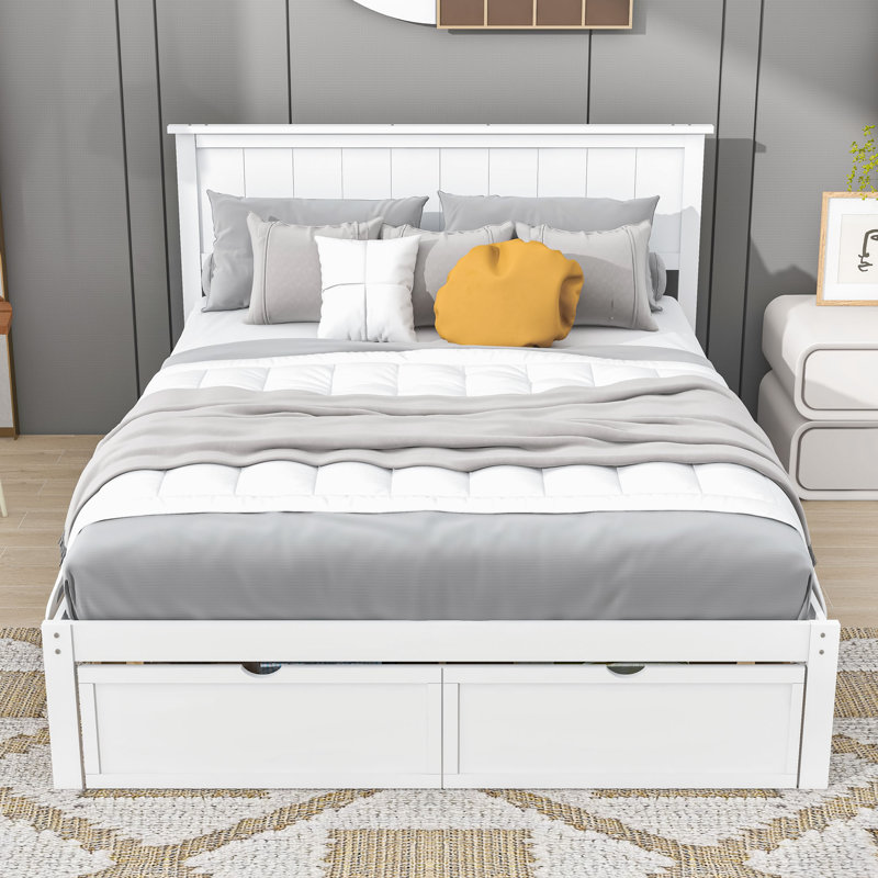 Berau Wood Platform Bed with Headboard and Drawer, Full, White