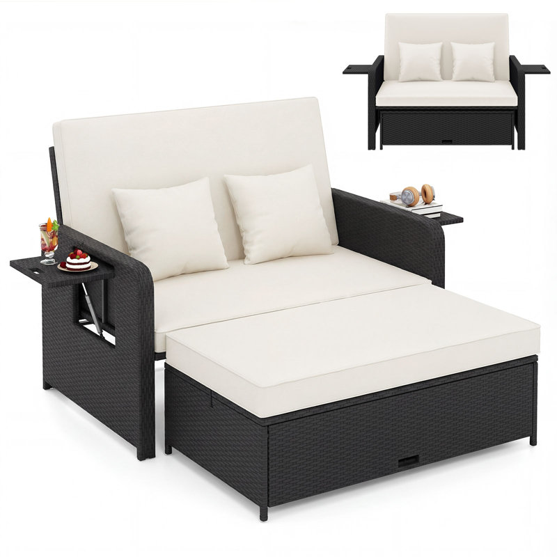 2 Pcs Pe Wicker Outdoor Daybed With 4-level Adjustable Backrest, Storage Ottoman White + Black