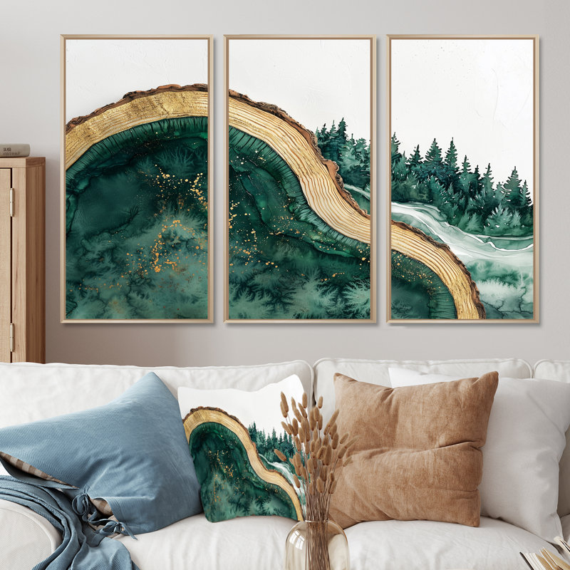 «Bold Forest Landscape Path Of The Emerald River VI», art mural forêt, 3 pièces, H 32 po x l 48 po, Érable
