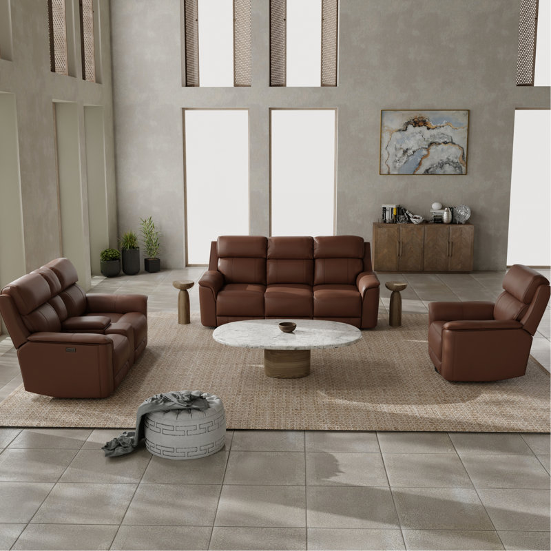 Fauteuil inclinable pivotant manuel, fauteuil inclinable électrique double et causeuse couleur noyer - Esthétique cuir élégant et 2 fauteuils inclinables avec structure solide pour une stabilité optimale