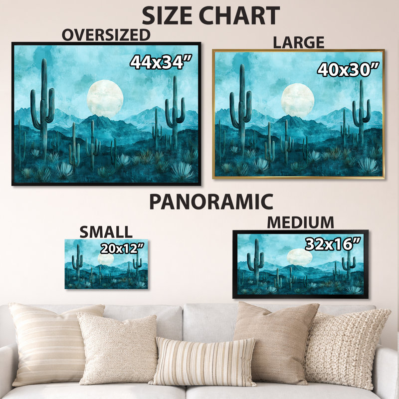Tableau encadré Cactus Teal Desert Moonlight Breeze, H 30 po x l 40 po, Natural Picture Framed