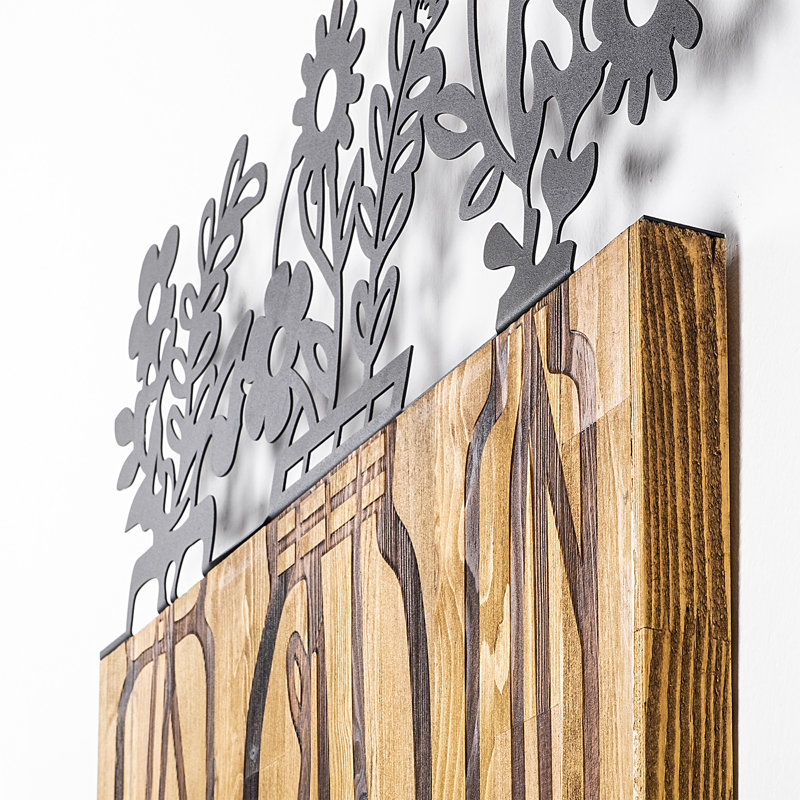 Decorative Wooden Wall Accessory, Walnut & Black, 25.6 x 1.2 x 20.5 inches | 100% Metal (Thickness: 0.06 inches) & Real Wood (Thickness: 1.2 inches) | Unique Design with Natural Variations for Home Decor