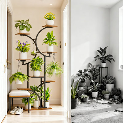7-Tier Indoor Plant Stand With Grow Lights, 63-Inch Tall Corner Shelf For Multiple Plants, Double C-Shaped Design For Home Decor And Patio