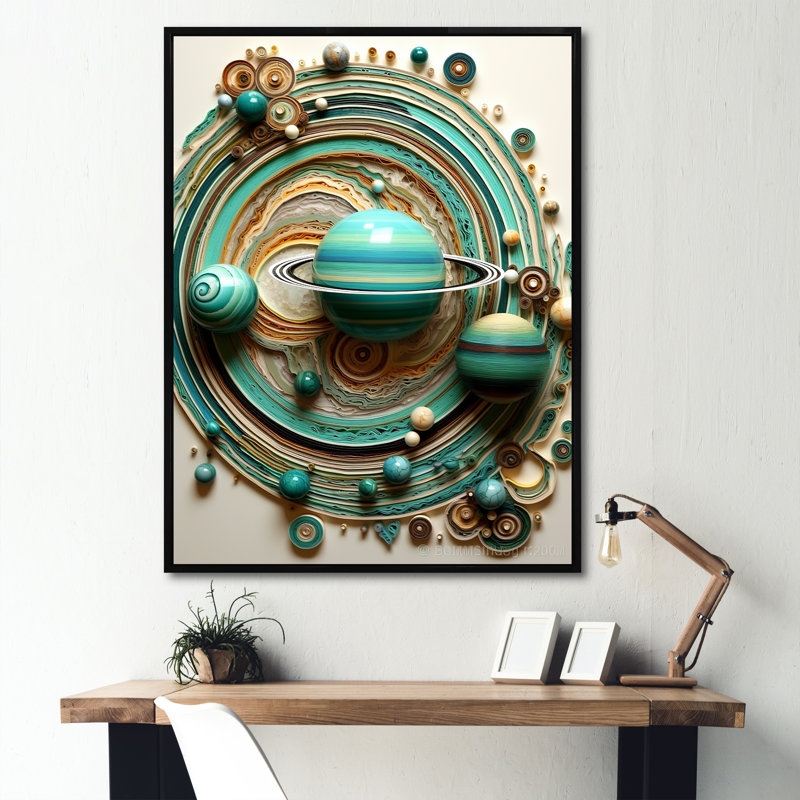 «Turquoise Saturn Astronomers Dream», reproduction sur toile, Cadre flottant noir, H 32 po x l 24 po x P 1 po