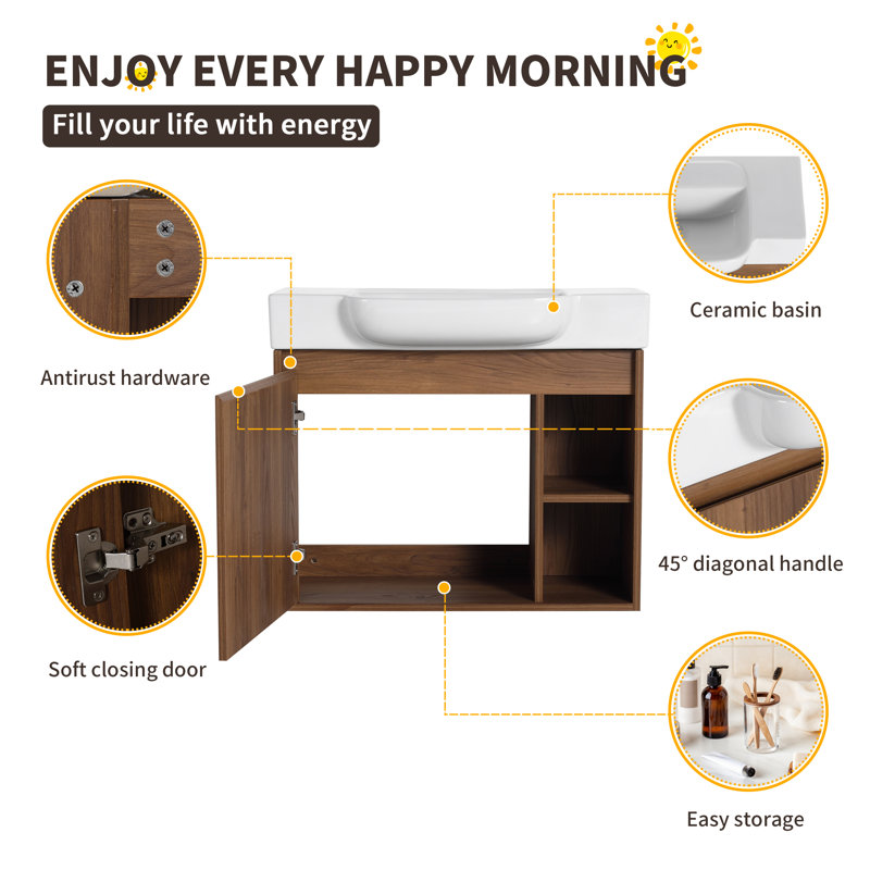 Bathroom Vanity Set, Single Wall Mounted Bathroom Vanity With Ceramic Basin Sink Top, Floating Vanity With 1 Door And Shelf