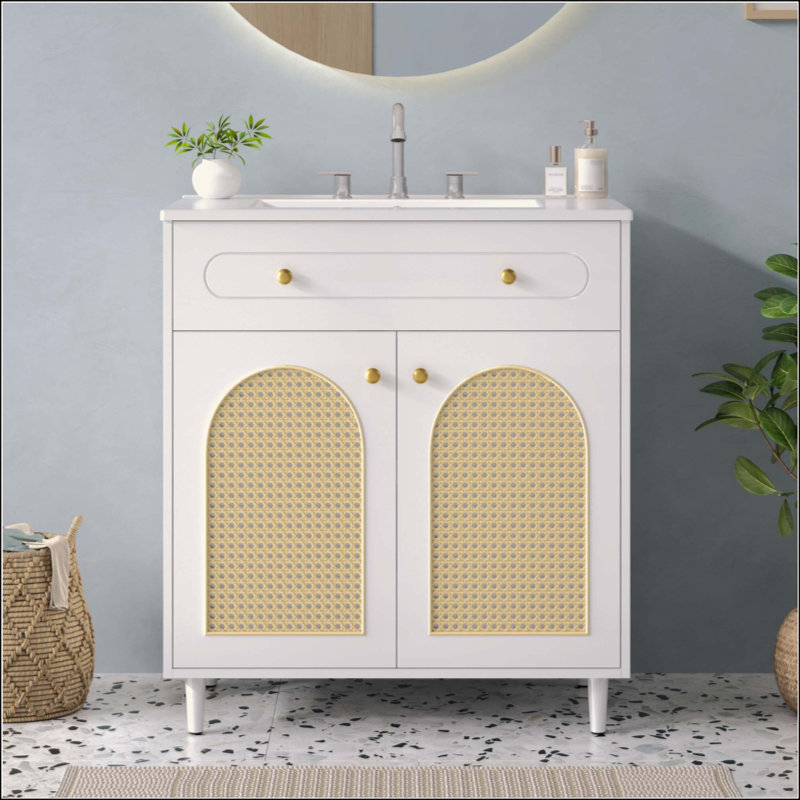 Meuble-lavabo de salle de bain avec lavabo en céramique, meuble-lavabo à cadre en bois massif avec tablette réglable, tiroir basculant, panneaux avant en rotin