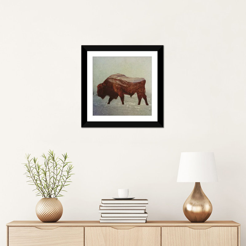 « bison ii », impression sur toile tendue, H 16 po x l 16 po x P 1 po, Papier d'art encadré noir, Blanc
