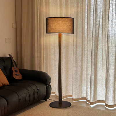 61'' Modern Walnut Wood Column Floor Lamp with Black Linen Drum Shade, Minimalist Standing Lamp for Living Room or Reading Corner