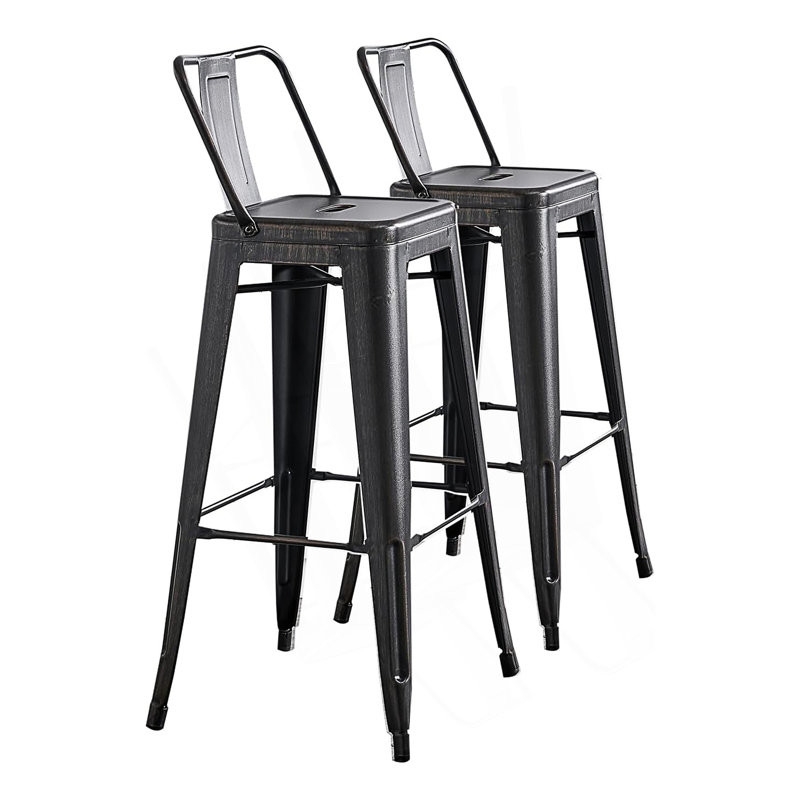 Ensemble de 2 tabourets de bar industriels en métal rustique avec dossier et 4 pieds