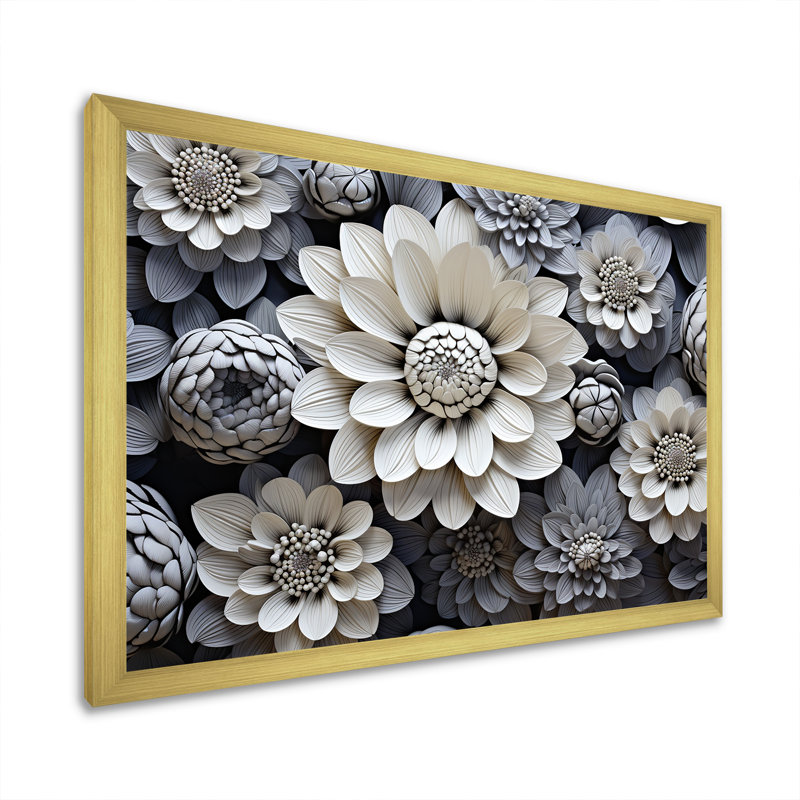 " Minimalism Black White Zinnias Collage ", Gold Single Picture Framed, 12" H x 20" W x 1" D