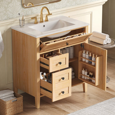 Meuble-lavabo 30 po à grain de bois avec lavabo en céramique