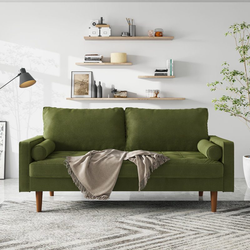 Canapé capitonné en velours à accoudoirs carrés de 70 po Sellner, Velours vert olive