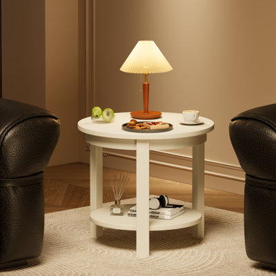 Table de bout ronde en bois massif avec tablette de rangement, l 22 po x H 20 po, table basse / de bout / d'appoint en bois de style Mid-Century moderne pour le salon de la chambre à coucher, blanc