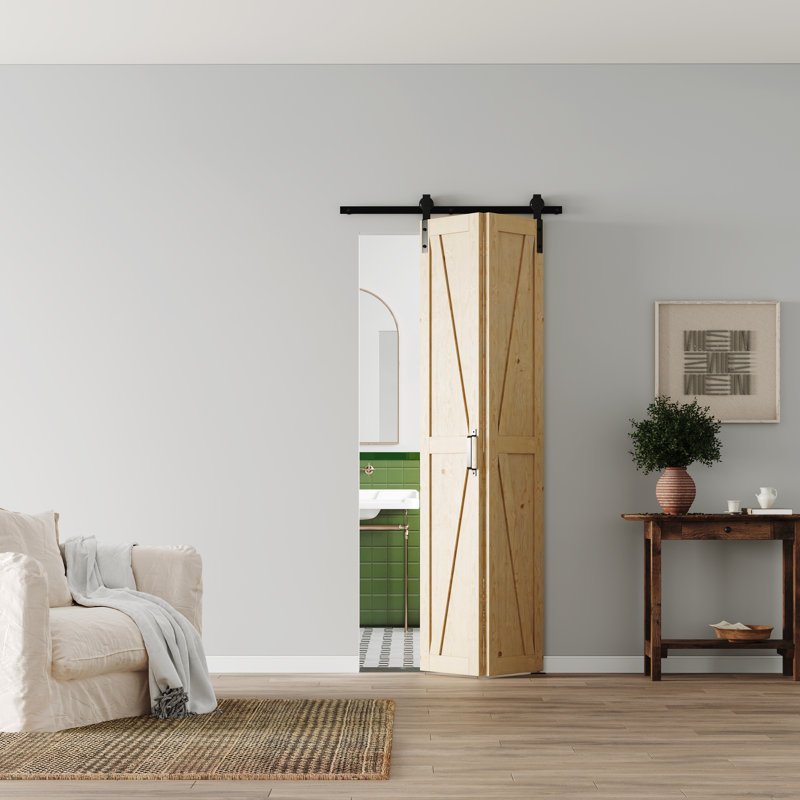 Design moderne en forme de K - Porte de grange pliante en bois manufacturé avec trousse de quincaillerie, Pin, 30 po x 84 po