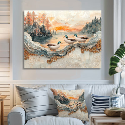 Ducks Family At The Lake Landscape II - Duck Print On Metal