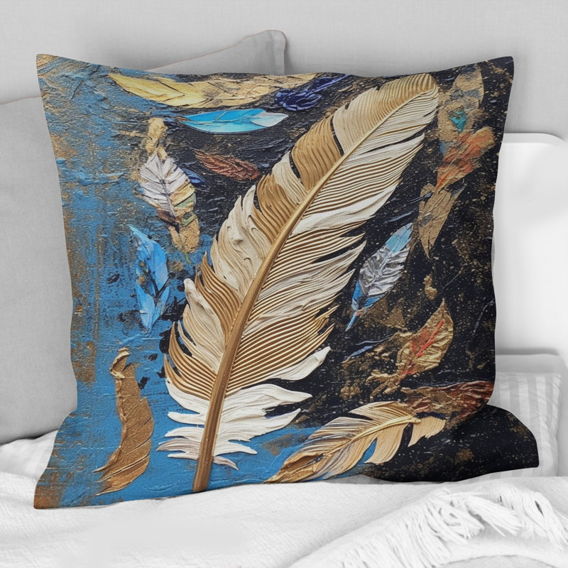 Boho Glam exquis or sur plume bleue, peinture - coussin décoratif imprimé de plumes