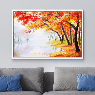 "Effet d'aquarelle rouge et orange, forêt d'automne, nature sauvage, illustrations, art moderne, rustique" sur