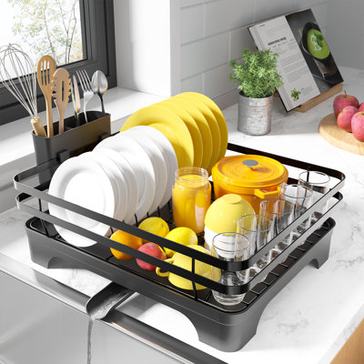Dish Drying Rack - Multi-Functional Dish Rack for Kitchen Counter with Cutlery Holder, Rust-Proof Storage Solution with Rotatable, 15.7" x 12.0" x 5.5", Black