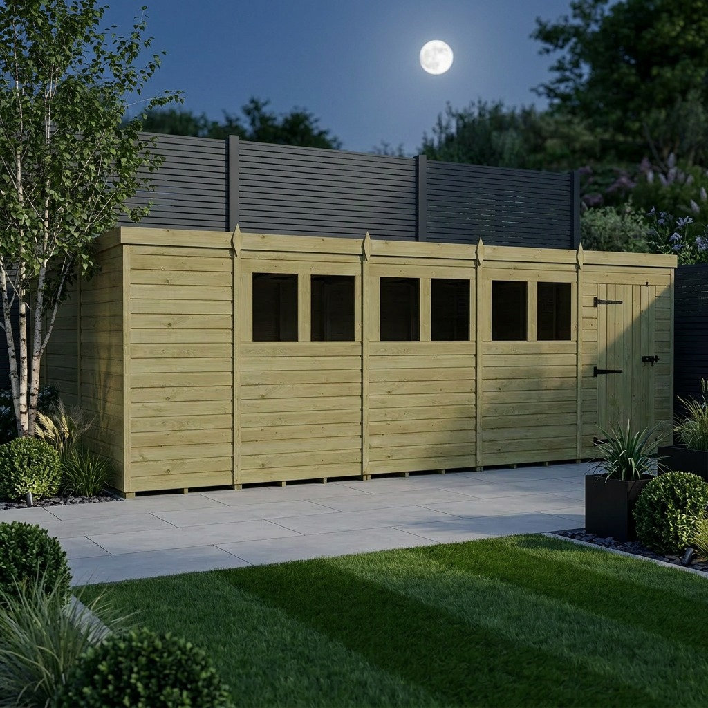 Total Sheds 19ft x 10ft Pent Garden Shed - Single Door - With Windows - Pressure Treated Timber - UK Manufactured