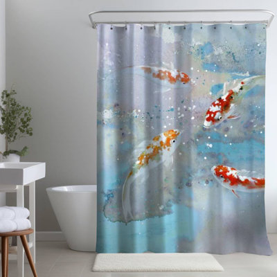 Koi Fish – Blue Water Asian Bedroom – Polyester Shower Curtain, Dye Sublimation Print, 71" W × 74" L