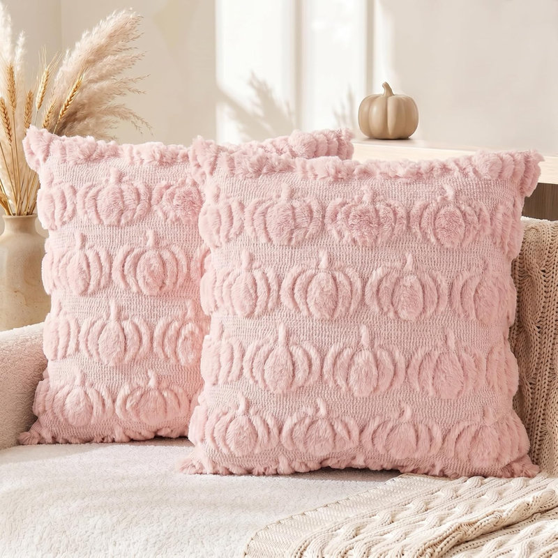 Housses de coussin décoratives roses à motif citrouille d'automne, 45 x 45 cm, douces et moelleuses, en fausse fourrure jacquard, pour canapé ou fauteuil (lot de 2).