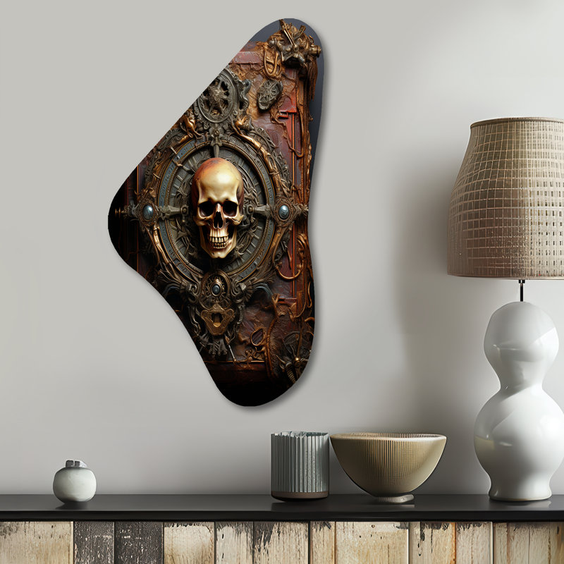 Pirate Code Book - pirate, impressions métalliques asymétriques, art mural unique en métal beige, H 31 po x l 17 po x P 1 po