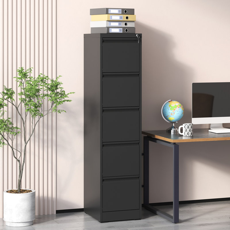 Metal Office/Home File Cabinet With Lock, 5 Drawers, Steel Construction, Tilt, Full Extension Drawers For Convenient Retrieval Modern Vertical Lockable Use, Steel, Smooth Files