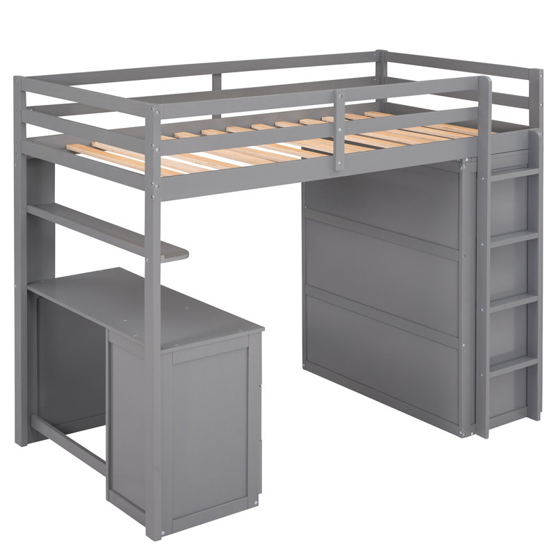 Lit mezzanine avec tiroirs, bureau et garde-robe, Gris, Simple