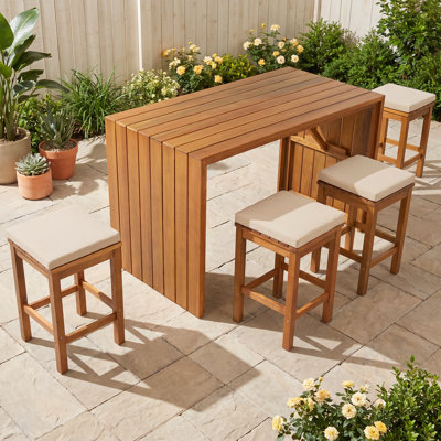 5 Piece Patio Bar Set, Acacia Wood Bar Height Table & 4 Stools with Beige Cushions for Backyard, Poolside, Balcony