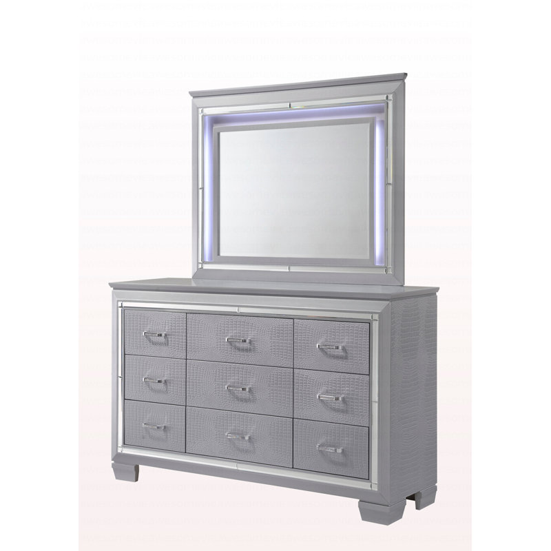 Commode miroir 1 tiroir moderne à neuf tiroirs avec quincaillerie de finition chromée et finition argentée