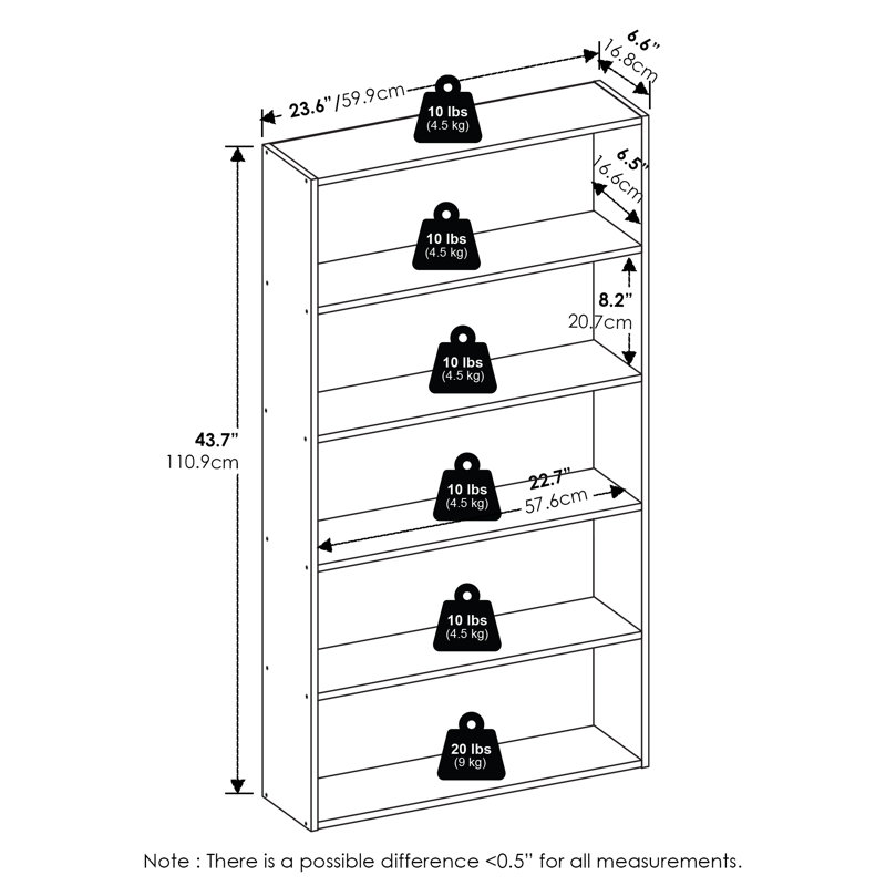 Bibliothèque à 5 niveaux Furinno Basic, (5 tablettes) H 43,66 po x l 23,62 po x P 6,61 po