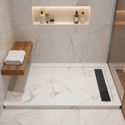 Base de douche rectangulaire l 60 po x P 32 po, plateau de douche en acrylique d'aspect marbre avec texture antidérapante