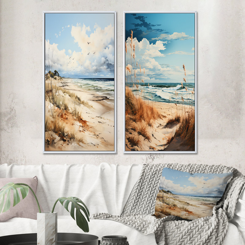 «Beachside Whispers», 2 pièces sur toile, H 40 po x l 40 po, Cadre blanc