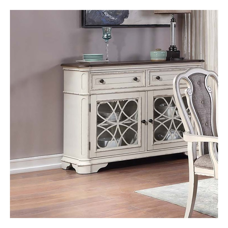 Armoire de service traditionnelle blanche antique avec portes et tiroirs en verre pour le rangement de la salle à manger