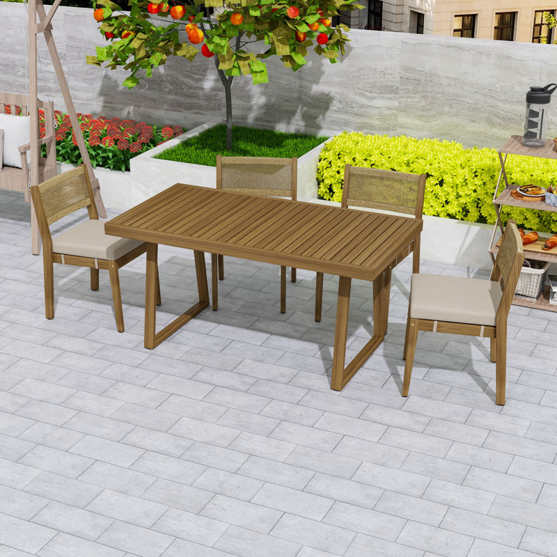Table de salle à manger d'extérieur en bois avec ensemble de chaise et coussins, Beige