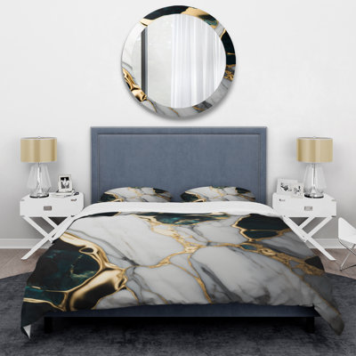Abstract Geode Gold And Green Marble I - Modern Duvet Cover Set - Microfiber Polyester