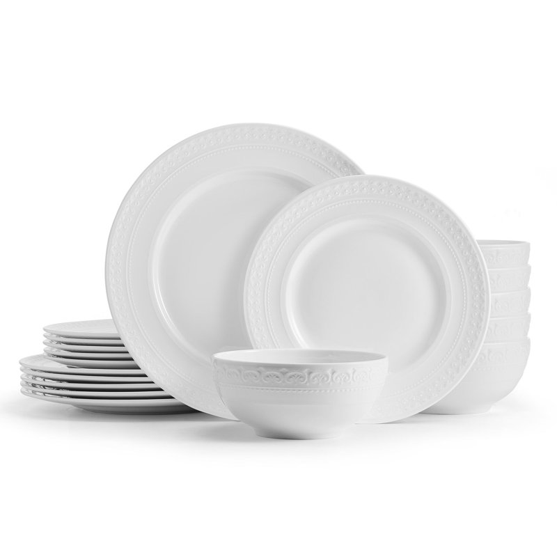 Service de table léger en porcelaine tendre 18 pièces Embossed Crown, service pour 6